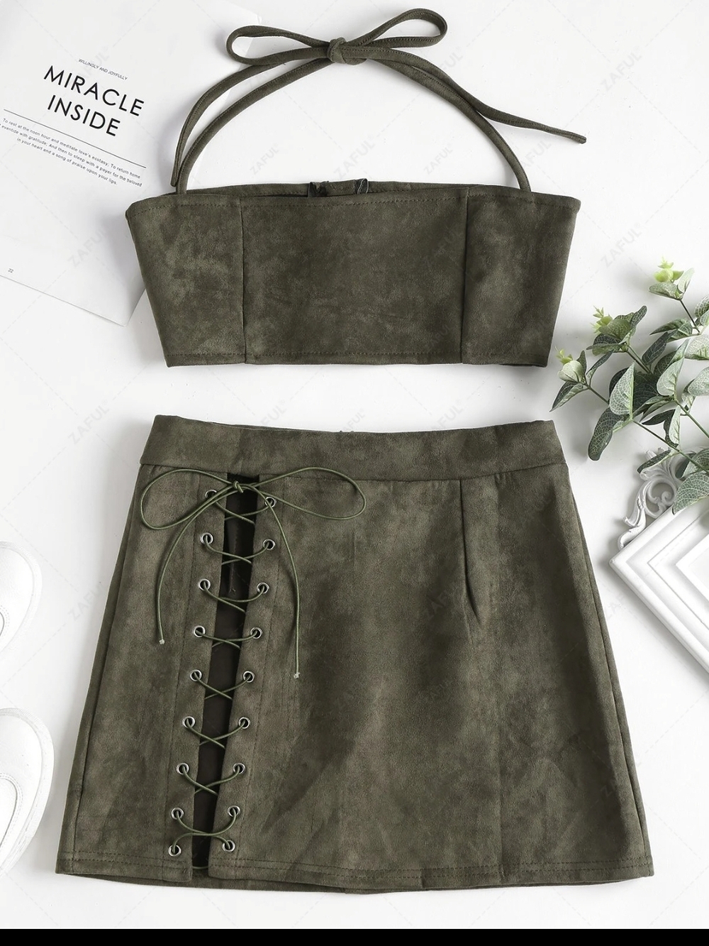 Olive Green Lace-Up Suede Mini Skirt